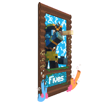 Fives The Minecraft skin of FiveEyesStreams, a pirate coelacanth, on a 3D trading card. Fives leans out of the card looking through a spyglass and as the animated GIF rotates, she is shown to be sticking out beyond the confines of the trading card.