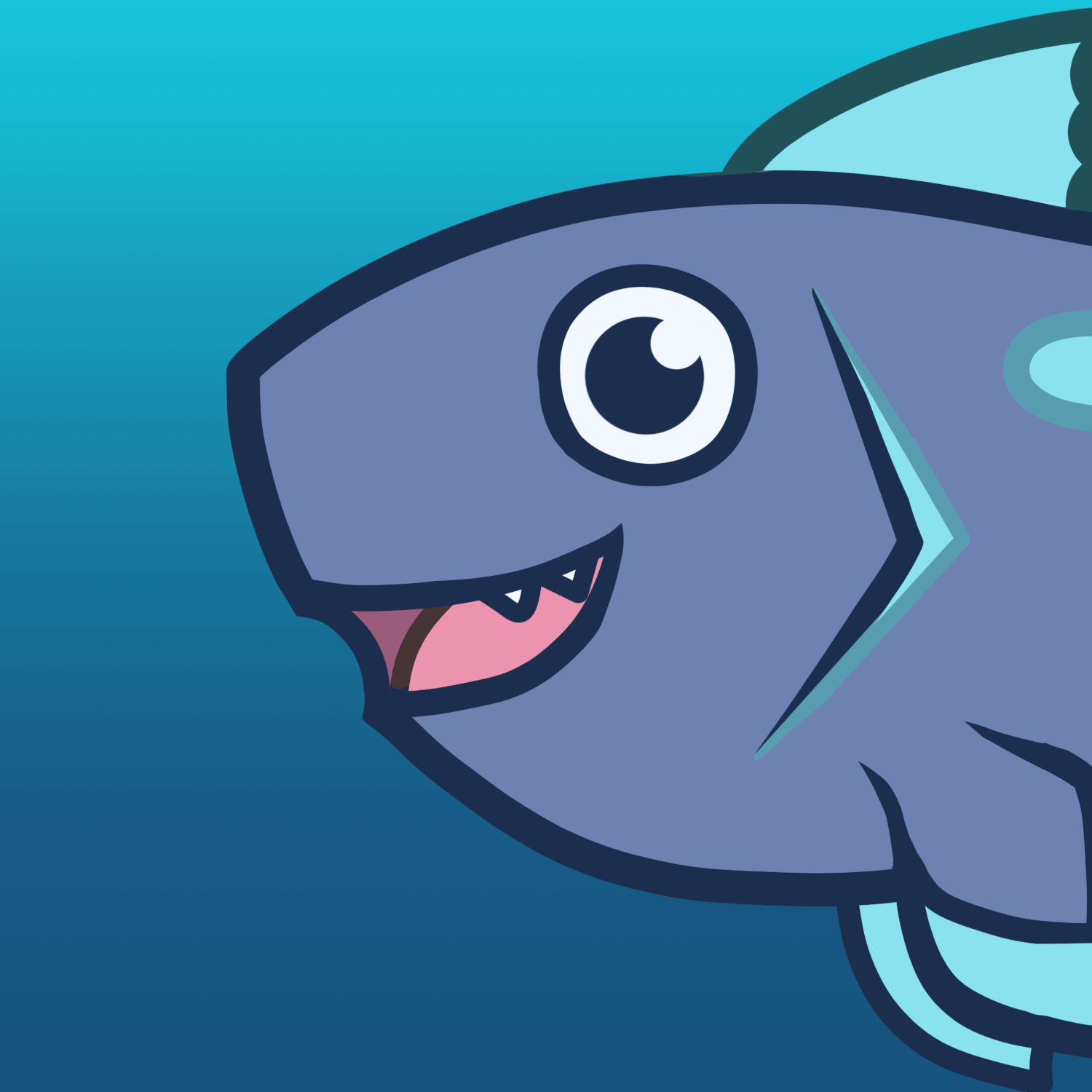 A cartoon version of Fives, a coelacanth, swimming across the screen after pausing to smile at the viewer. The animation loops in a GIF.
