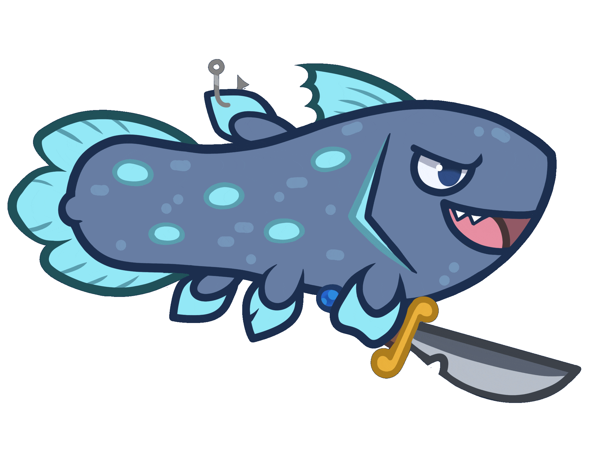 A cartoon-like version of fives, a coelacanth, pointing a pirate cutlass to the left, directing a school of grey fish to swim across the image towards where she gestures. The animation loops in a GIF.