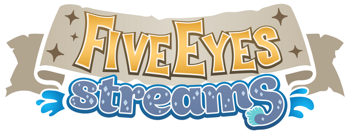 The logo of FiveEyesStreams. The words "Five Eyes" are sparkling gold against a weathered map. The word "Streams" is fish-like covered in scales and surrounded by small splashes of water. The final "S" in "Streams" curls into a coelacanth's tail.